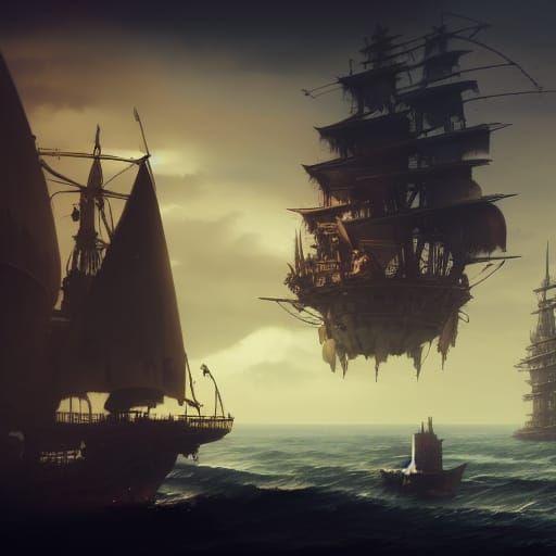 Steampunk Pirate Ship in Fantasy Landscape, Anime Concept Ar...
