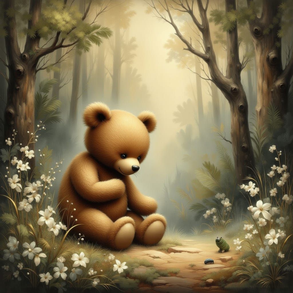 Teddy Bear and Caterpillar in Ethereal Forest Clearing
