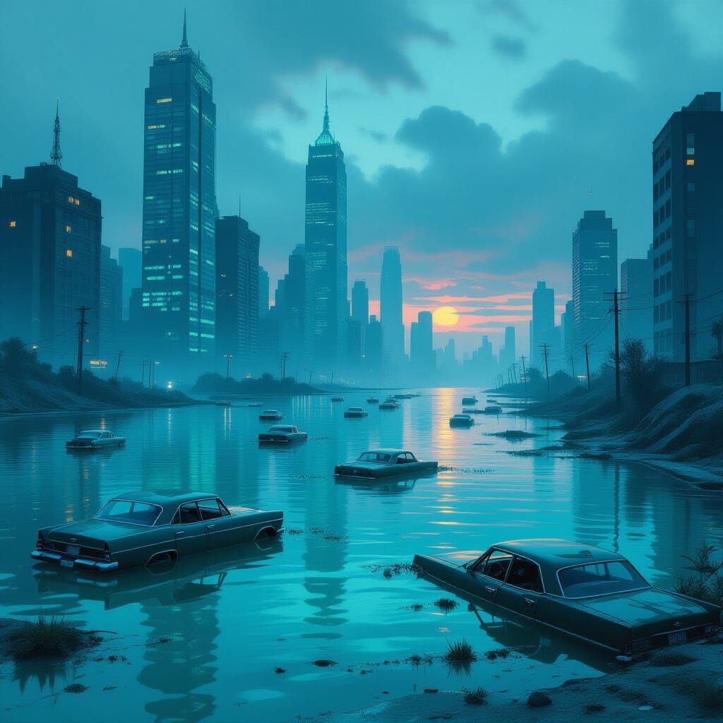 Submerged Metropolis Reflecting Twilight Sky