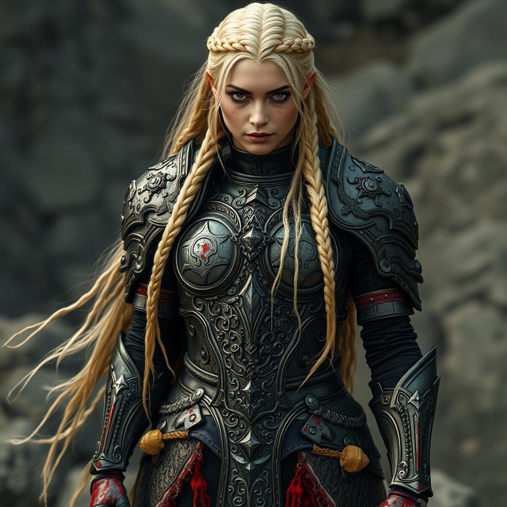 Hyperrealistic Woman in Bloody Intricate Armor