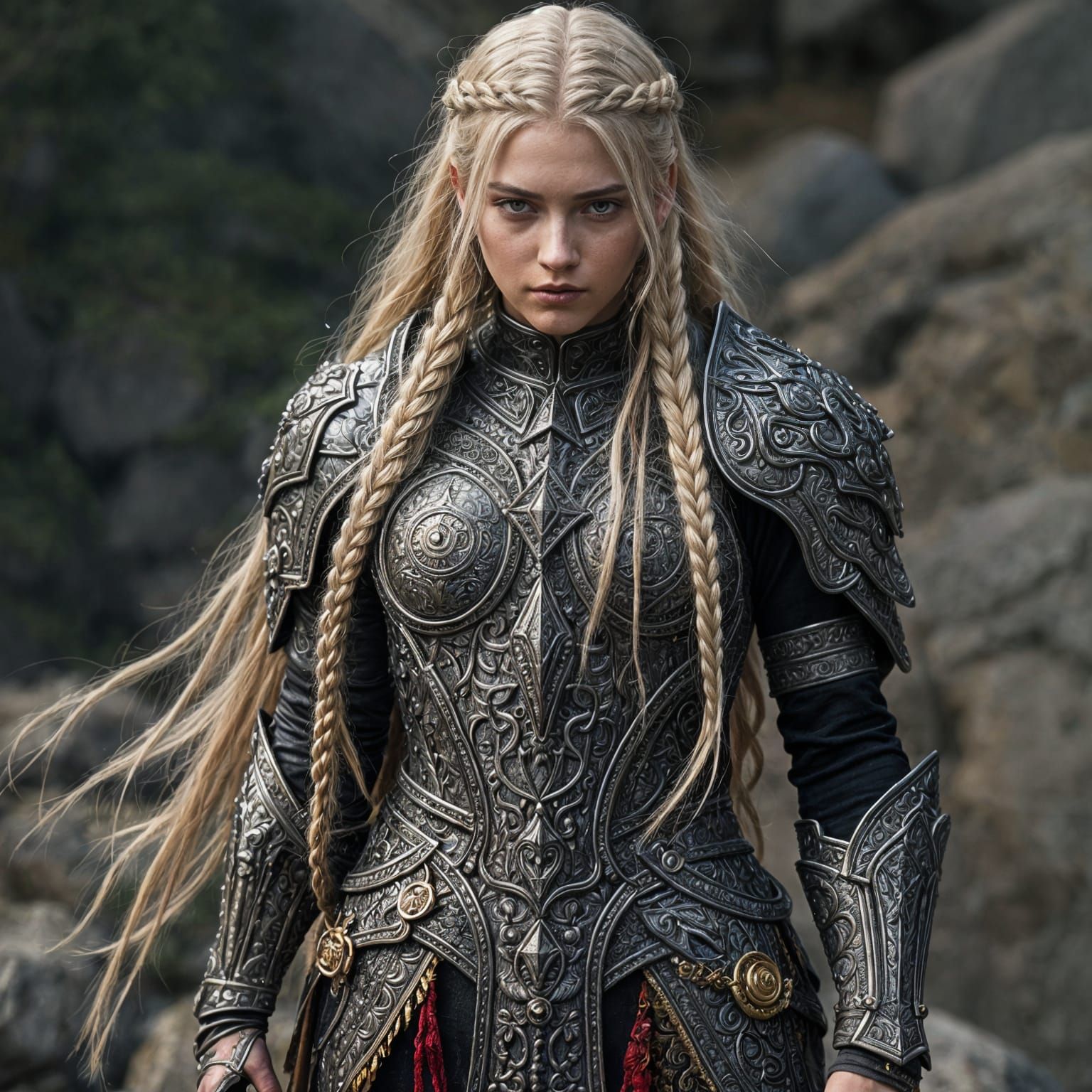 Hyperrealistic Woman in Bloody Armor with Platinum Blonde Ha...