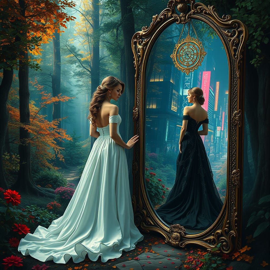 Lady's Dual Reflection: Forest to Neon City