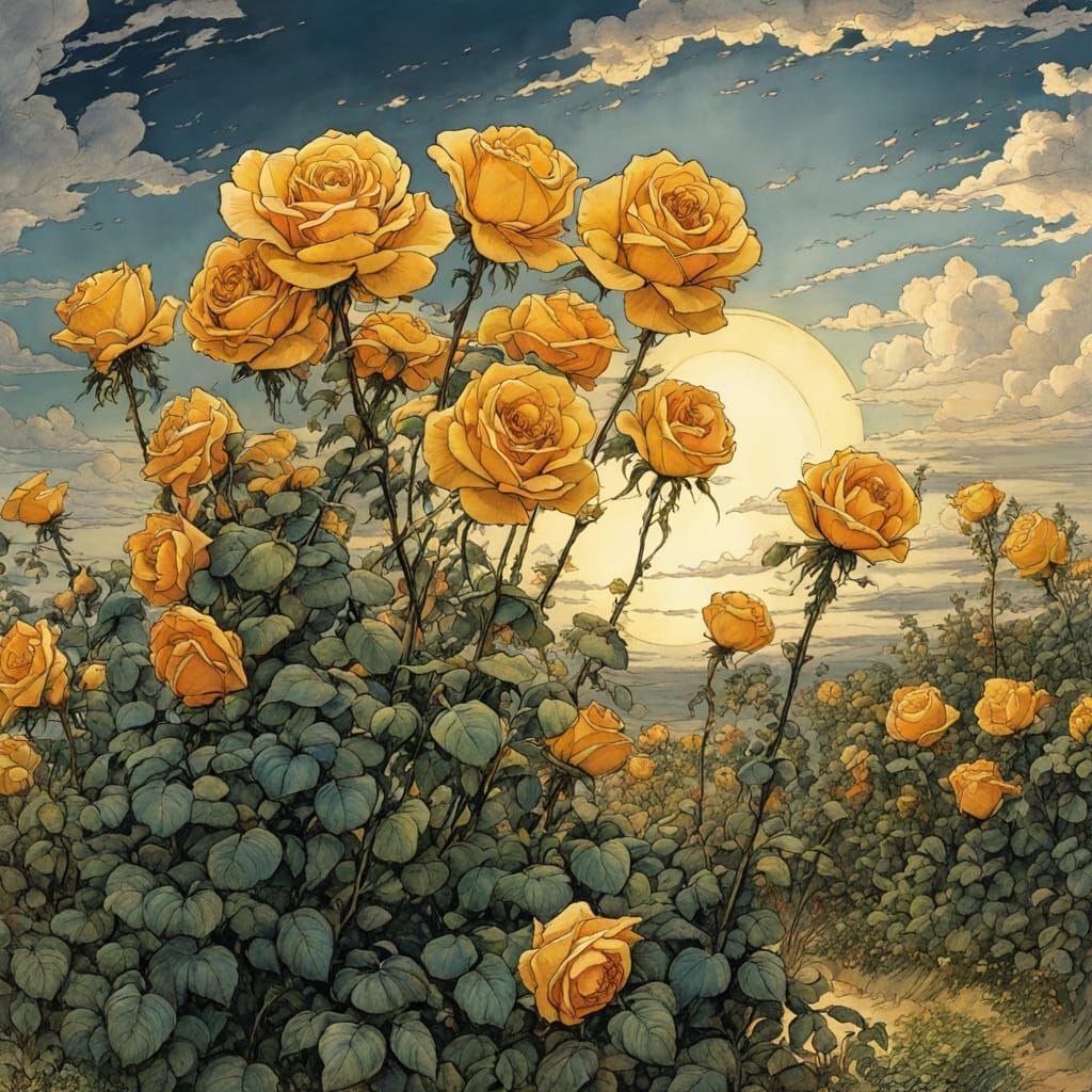 Golden Roses Bloom Under Cloudy Skies in Cartoon Style