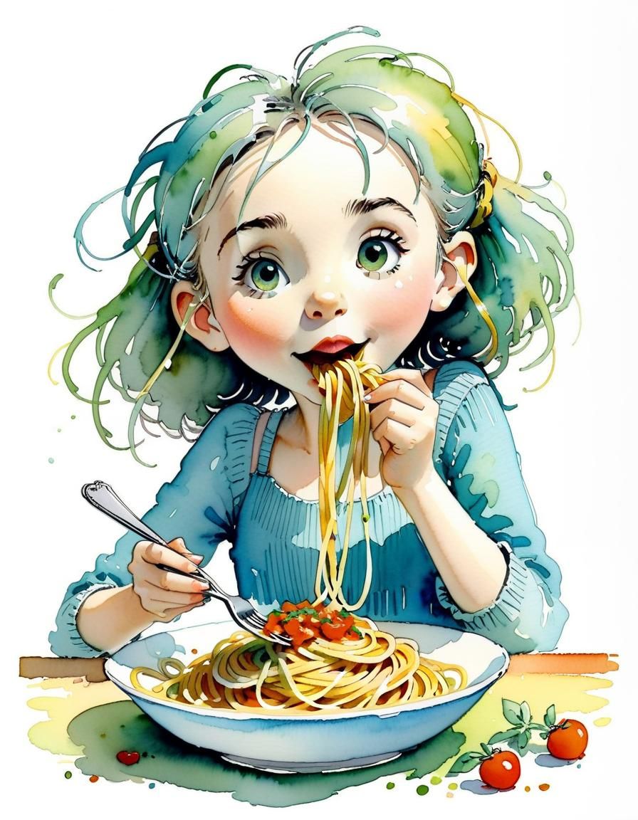 Charming Girl Eating Spaghetti Storybook Illustration