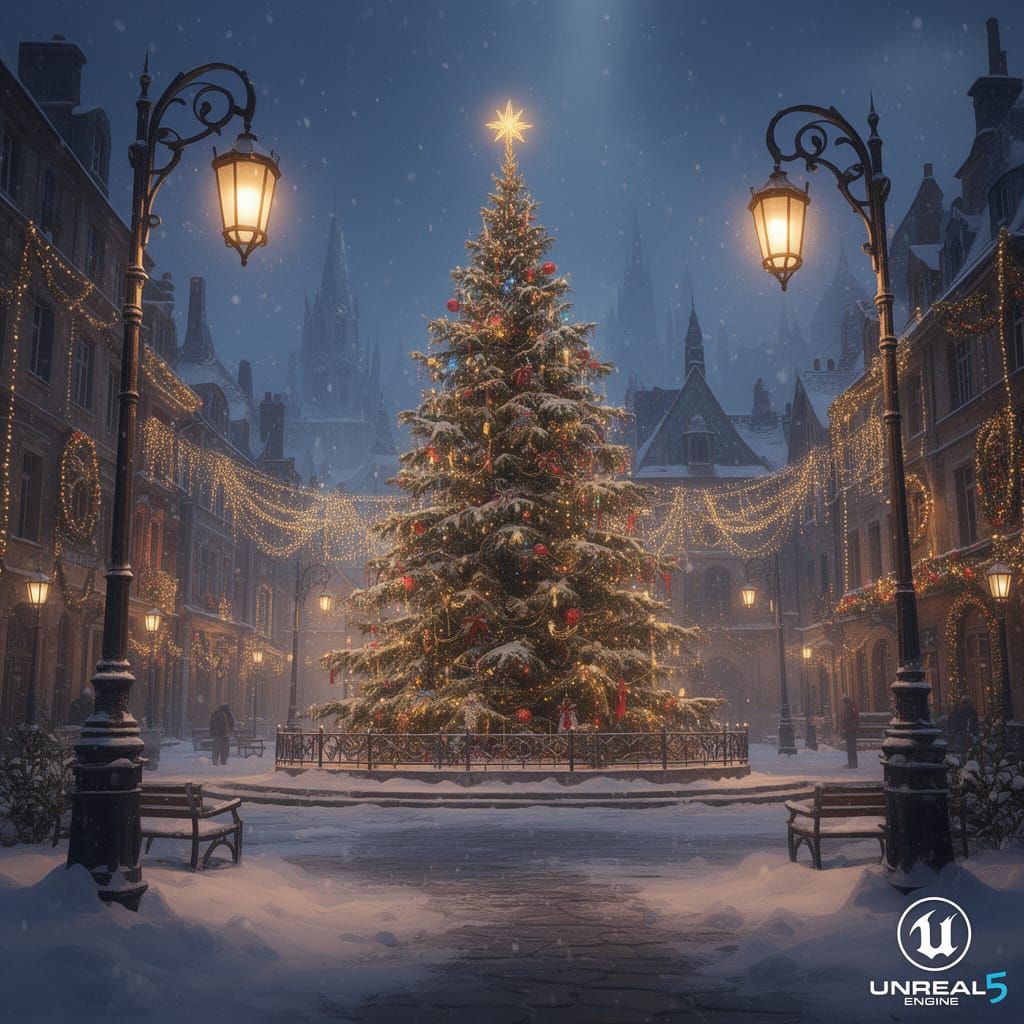 Magical Christmas Tree in Snowy Town Square
