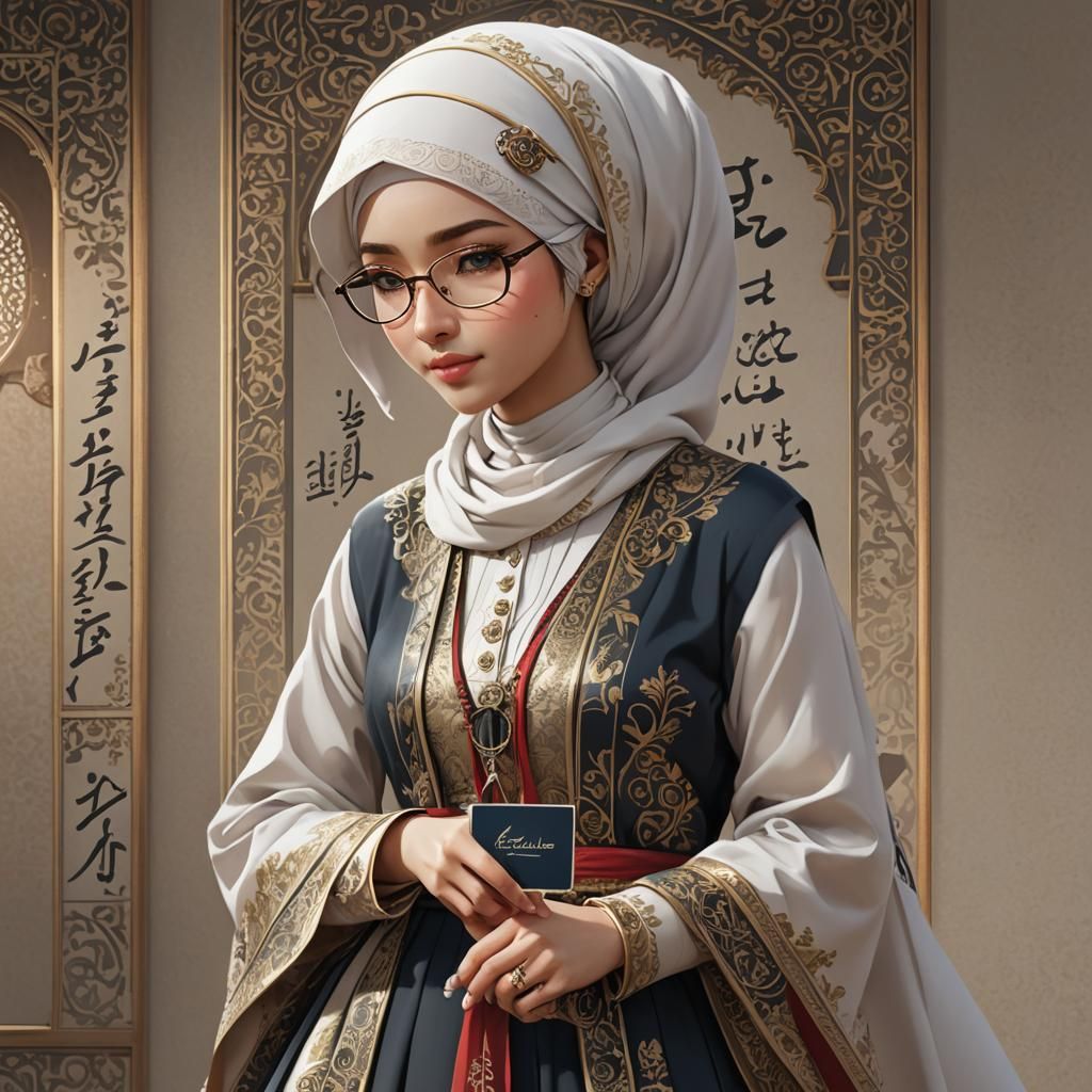 Anime Style Woman in Hijab with Thank You Card