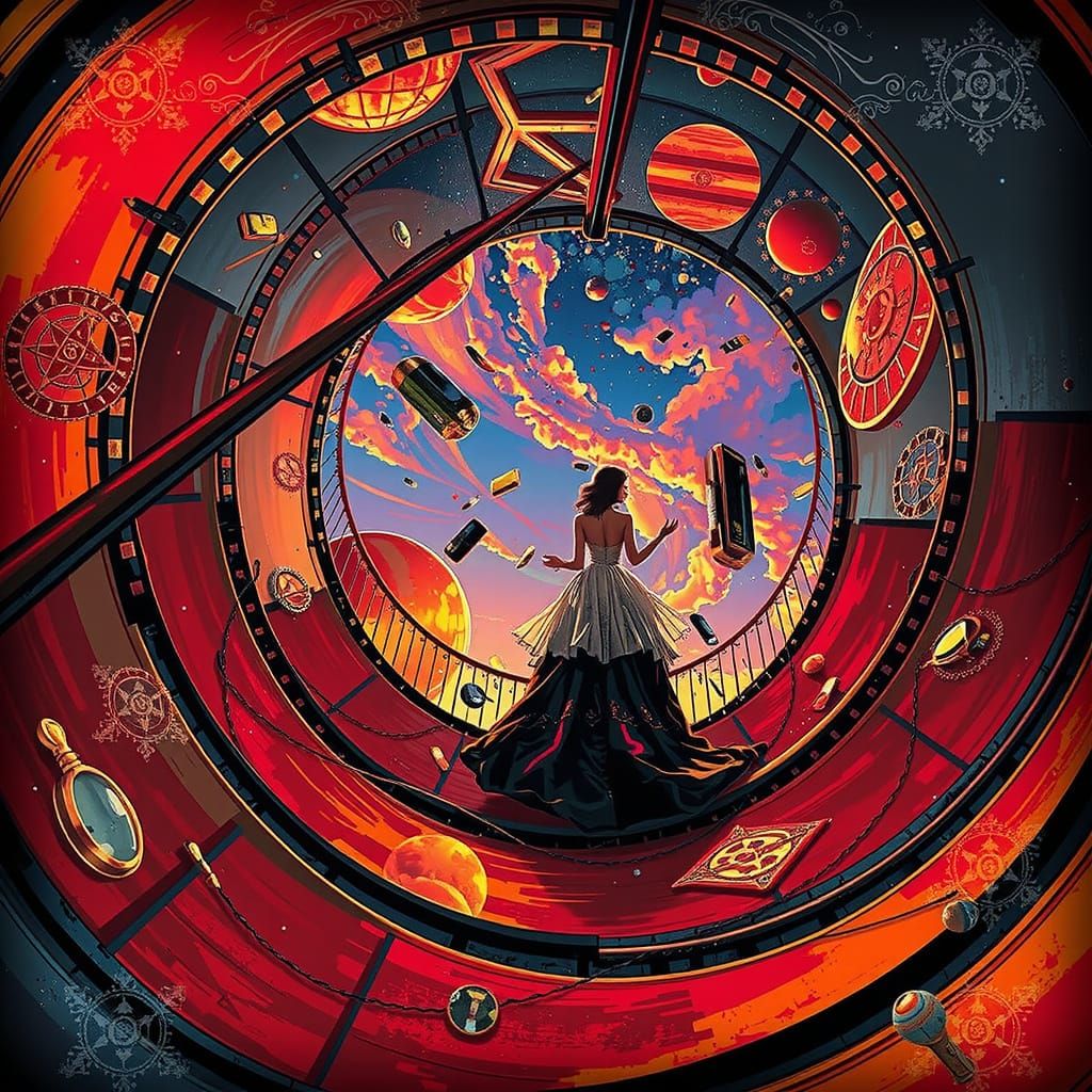 Elegant Woman on Staircase in Hyperrealistic Style