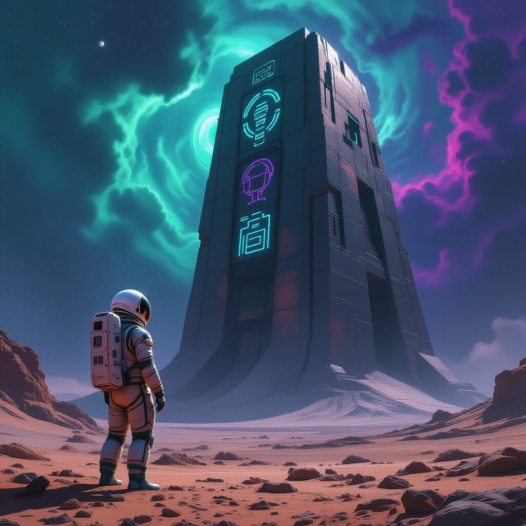 Astronaut and Colossal Alien Structure in Surreal Style