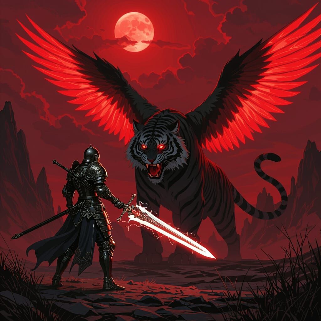 Warrior Battles Shadow Tiger in Blood-Red Sky