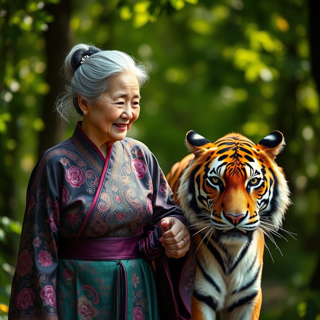 Elderly Korean Woman Embraces Majestic Tiger in Lush Forest