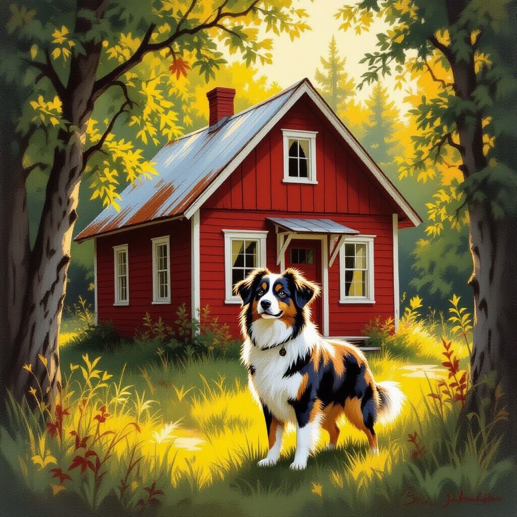 Dog in Front of Red House: Naturalist Painting