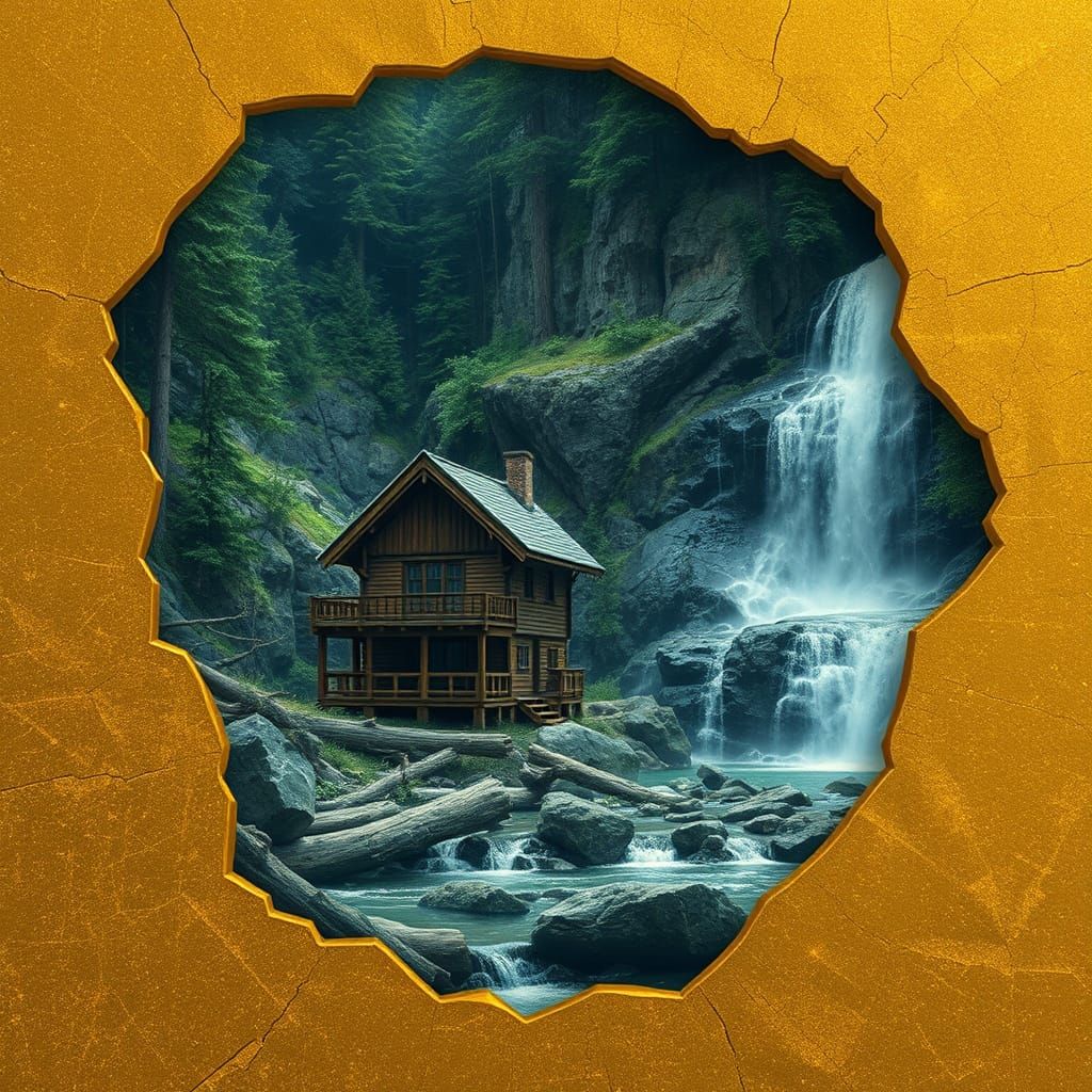 Cabin Beside Waterfall in Organic Golden Form