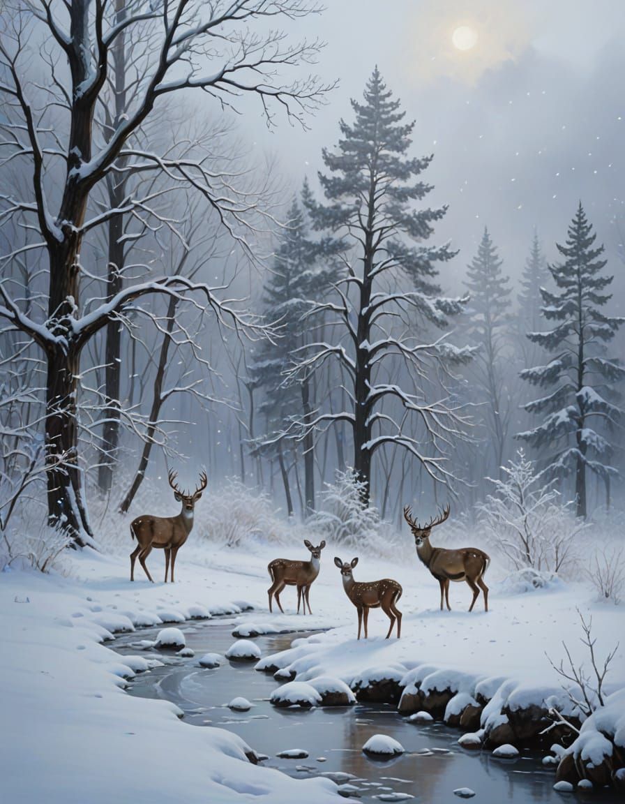 Whimsical Deer Family in Snowy Wonderland