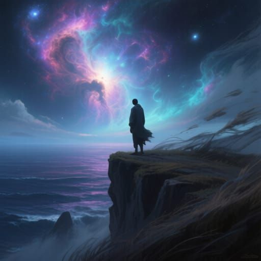 Lone Figure Contemplates Existence on Cosmic Cliffside