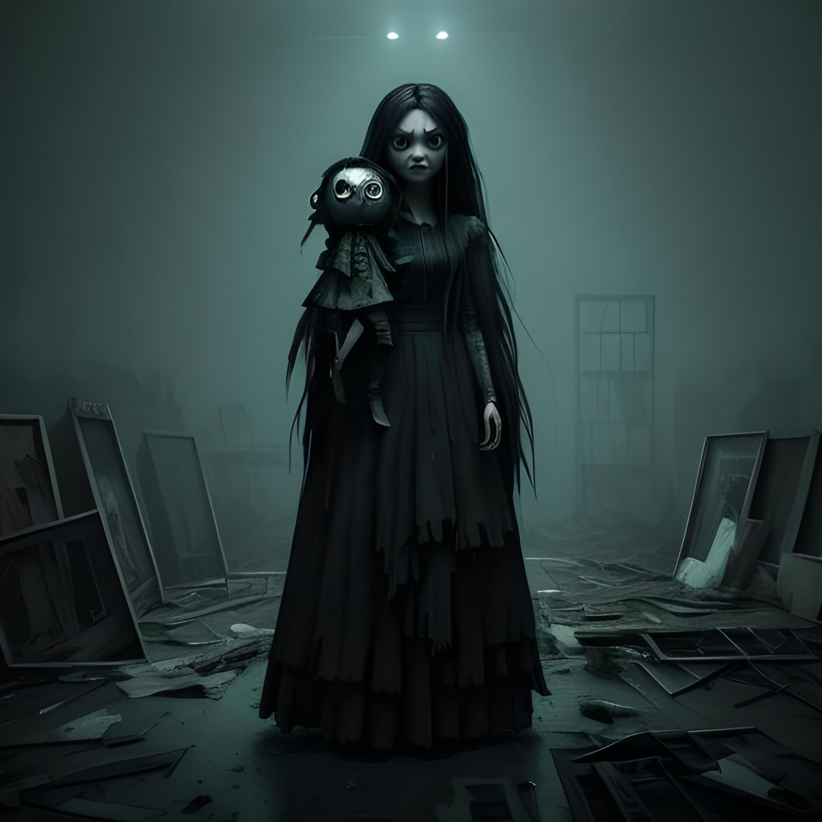 Scary Doll with Knives in Trash Movie Set