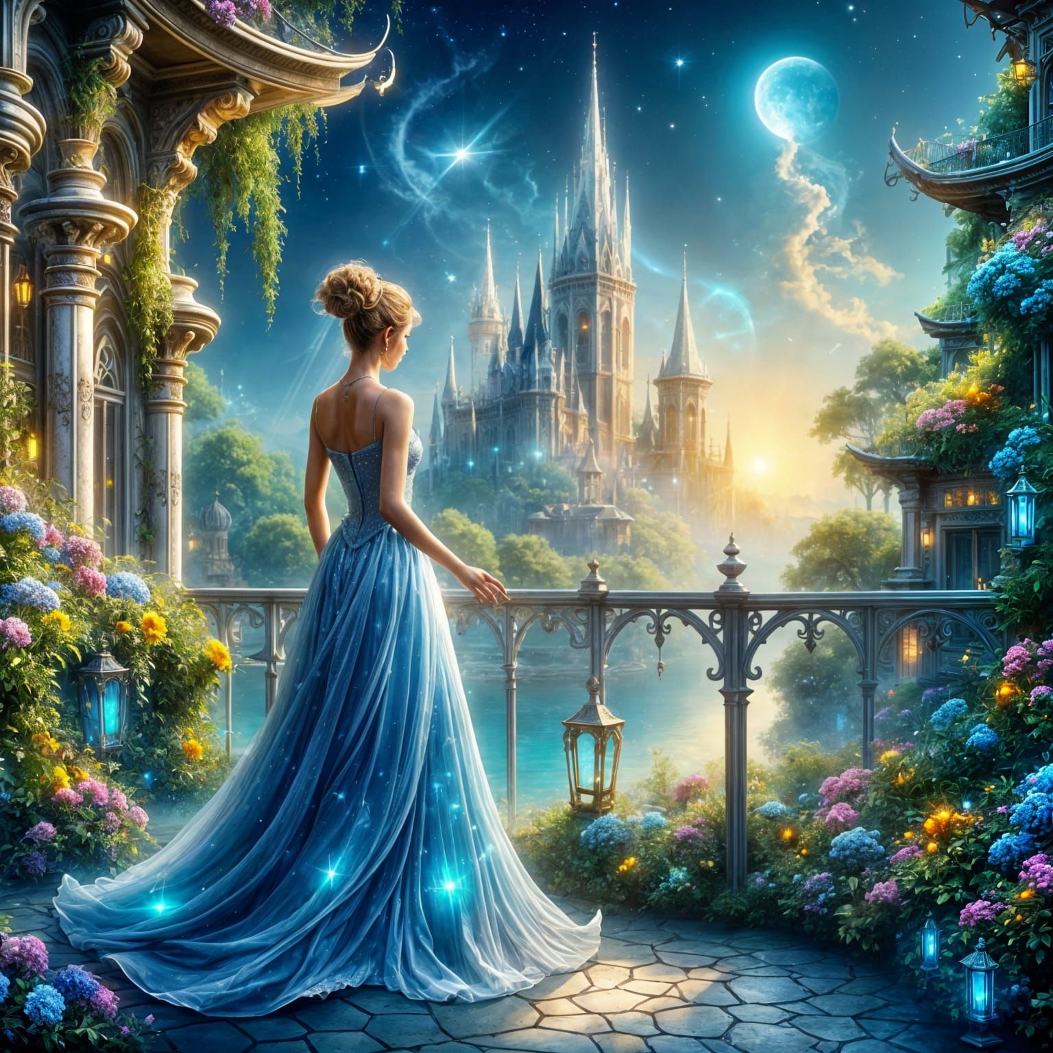 Surreal Palace Shines under Evening Sky with Magical Iridesc...