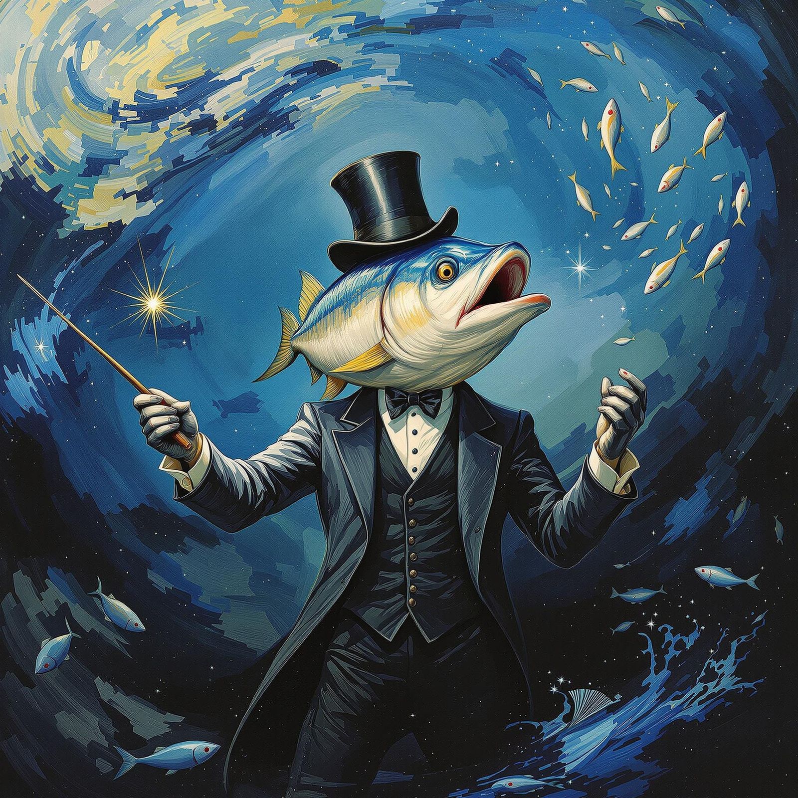 A Dapper Tuna Fish Conjuror in Whimsical Dreamlike Setting