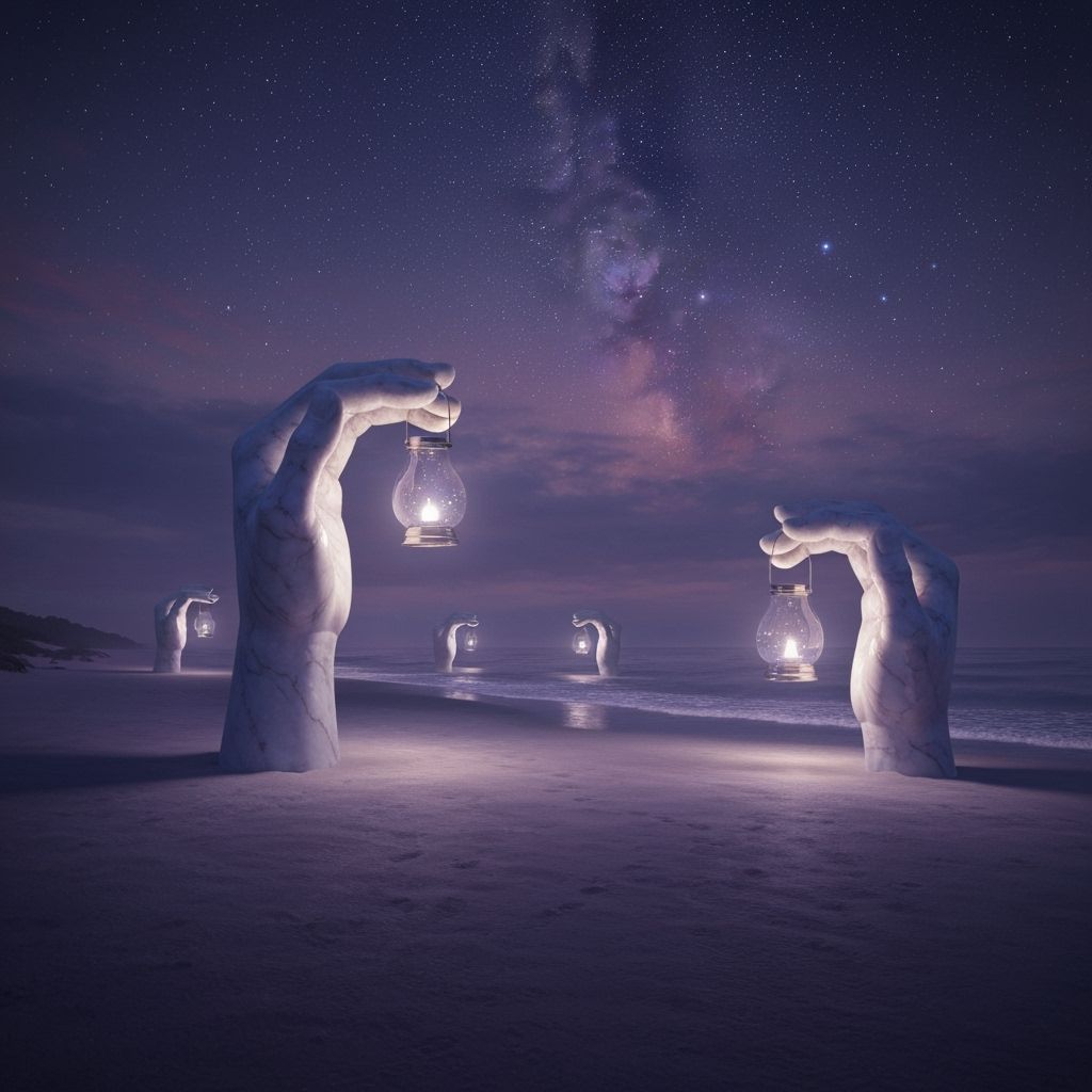 Colossal Marble Hands Holding Lanterns on Twilight Beach