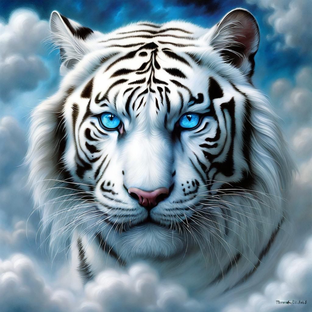 Blue-Eyed White Tiger in Ethereal Cloudscape