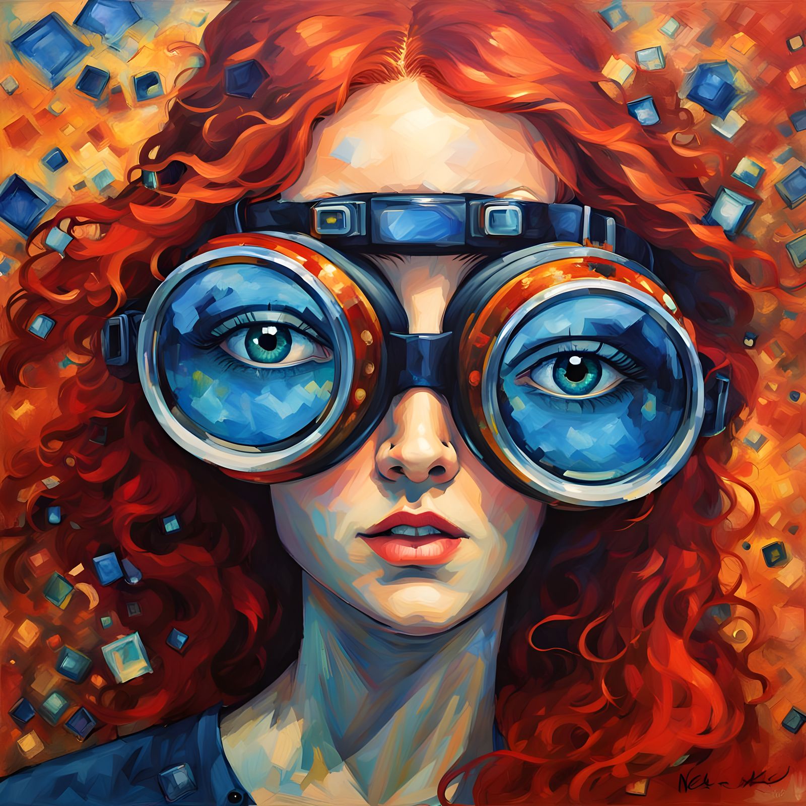 Red-Haired Woman with Goggles in Expressionist Oil Painting
