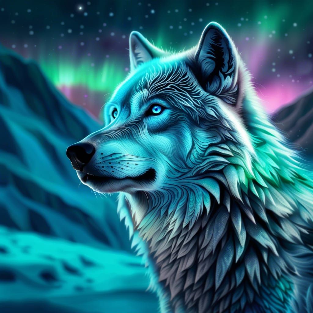 Icy Wolf Under Northern Lights: Hyperrealistic Image