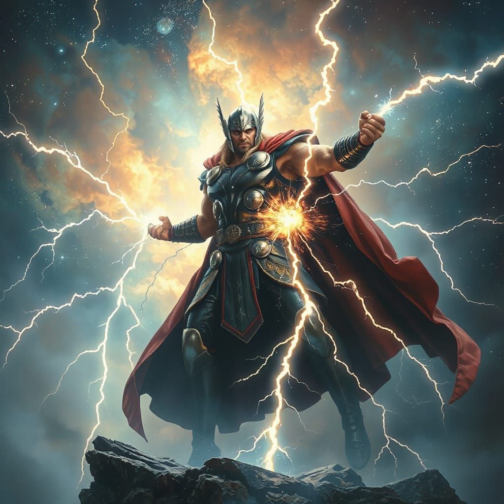 Thor in Majestic Pose Amidst Cosmic Lightning