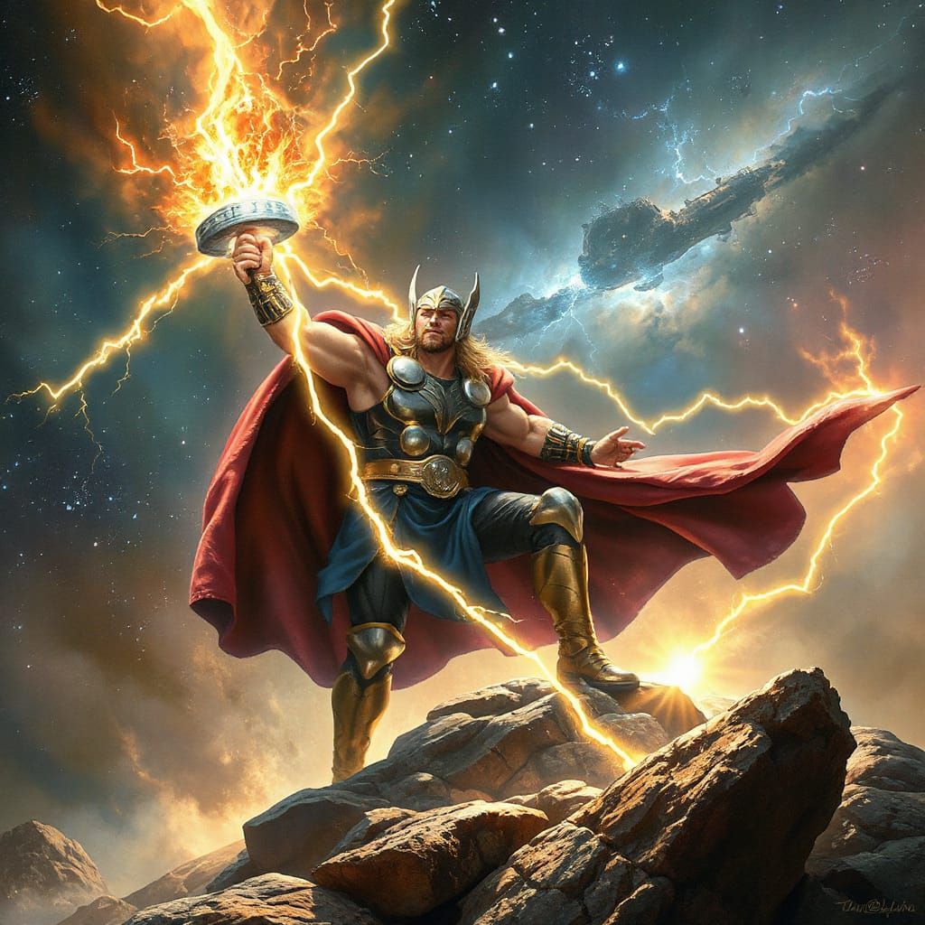 Thor's Majestic Pose Amidst Cosmic Lightning and Nebula