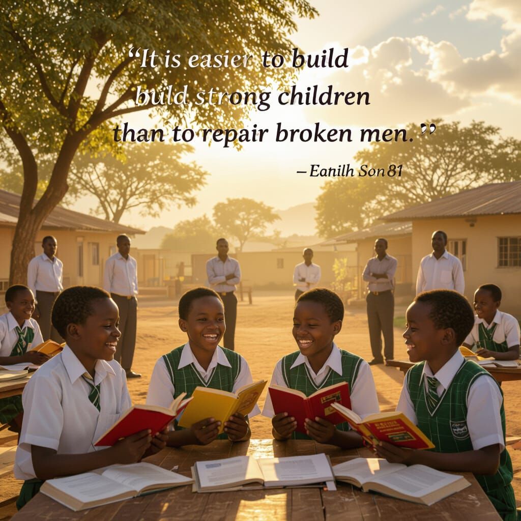 Hopeful Children in Sunrise Schoolyard, Realistic 3D