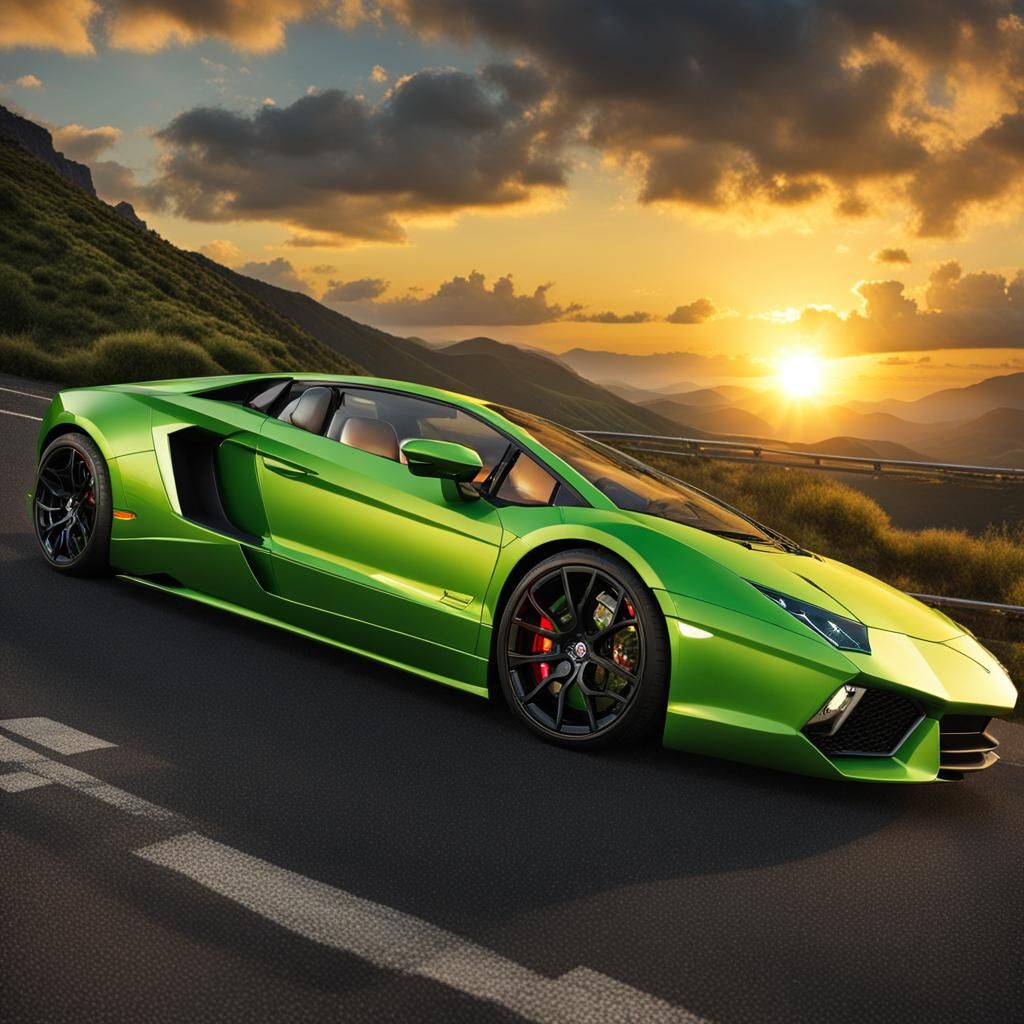 Green Lamborghini Sunset Road Trip