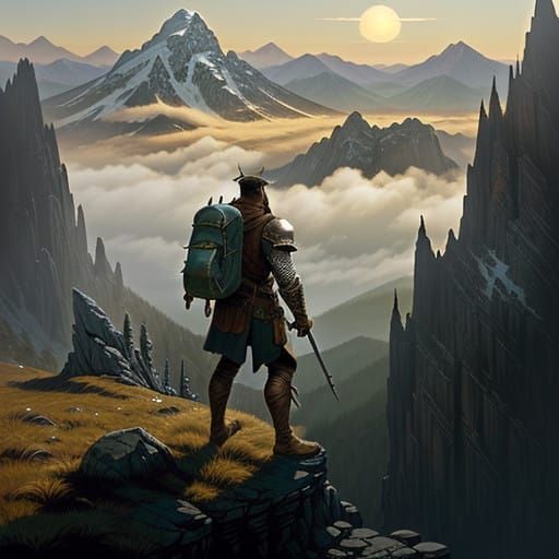 Epic Fantasy Adventurer Surveys Ancient Lands in Golden Ligh...