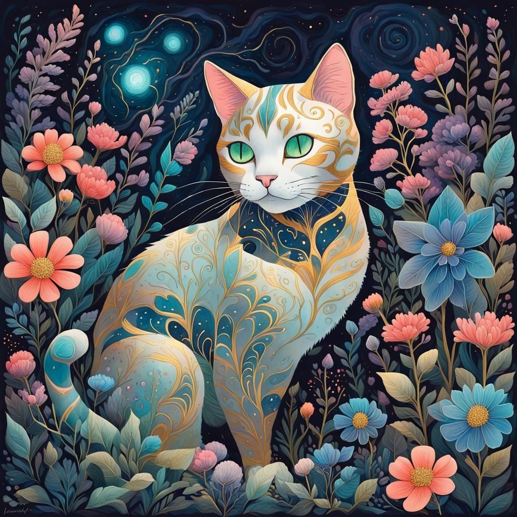 Magical Cat in Garden: Vibrant Gouache Painting