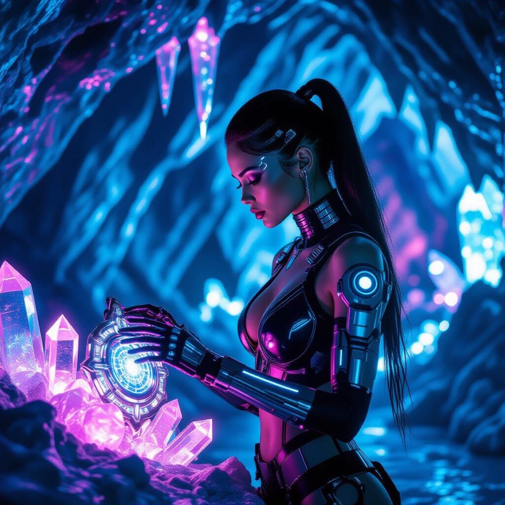 Cybernetic Woman in Bioluminescent Cave, in Cyberpunk Style