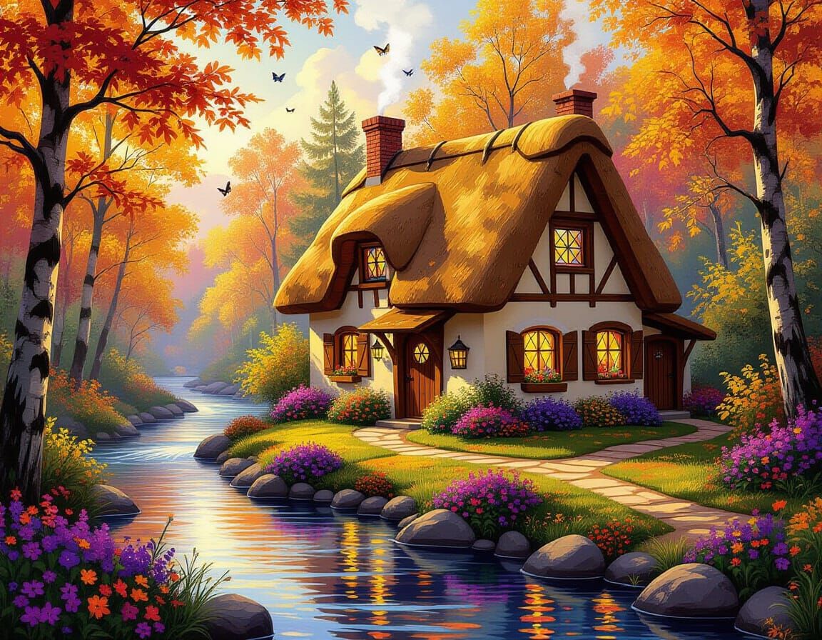 Cozy Autumn Cottage by River in Impressionist Style