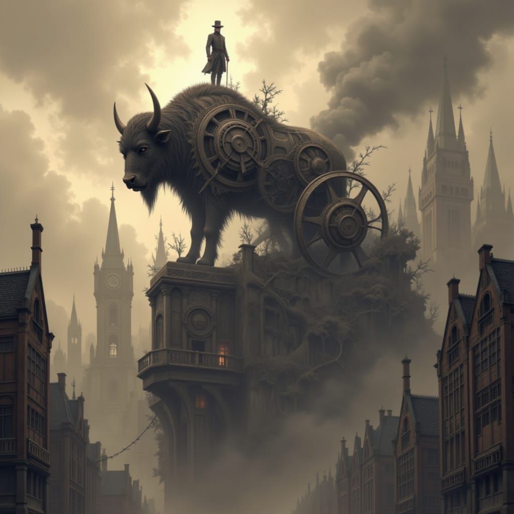 Steampunk Cowboy on Clockwork Bison Over Gothic City