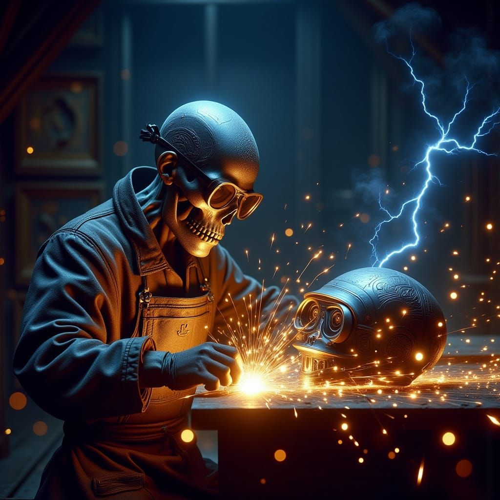 Skeleton Welder Creates Lightning Helmet in Dark Fantasy Sty...
