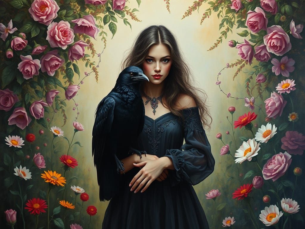 Mysterious Woman in Floral Garden Oil Painting