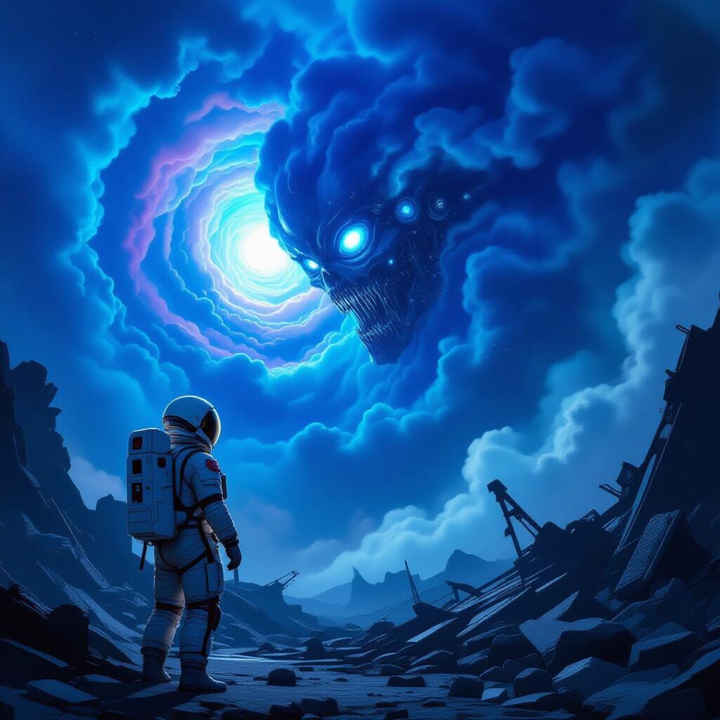 Astronaut and Bioluminescent Smoke Monster in Biomechanical ...