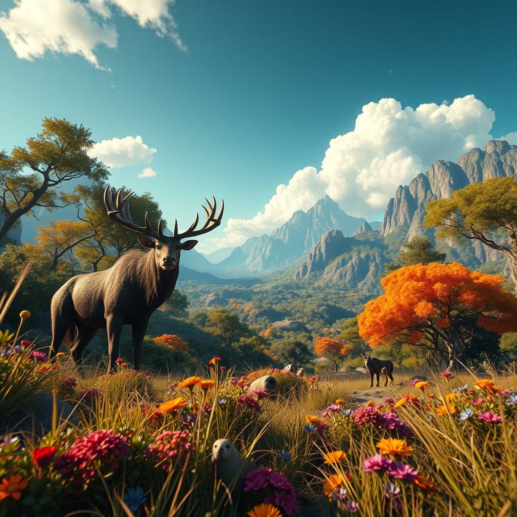 Majestic Wildlife Scene in Vibrant, Futuristic Nature