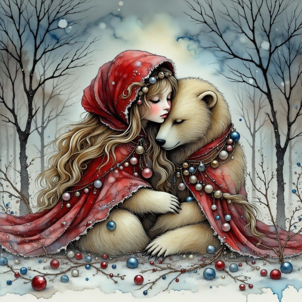 Polar Bear and Boho Girl Share a Cozy Christmas Moment