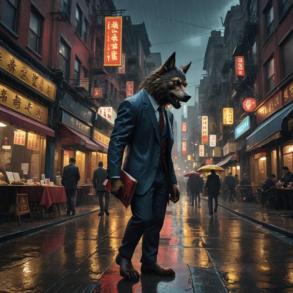 Werewolf in Suit Walks Rainy Soho Street
