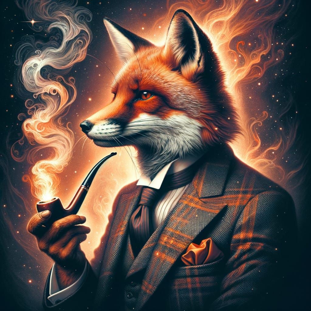 Fox in Suit Smoking Pipe: 8k Digital Matte Painting