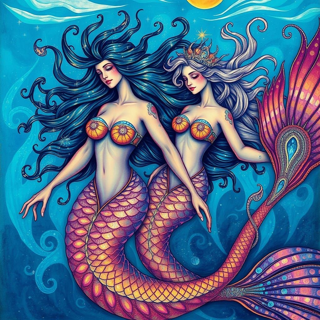 Mythical Sea Nymphs in Psychedelic Aquatic Realm
