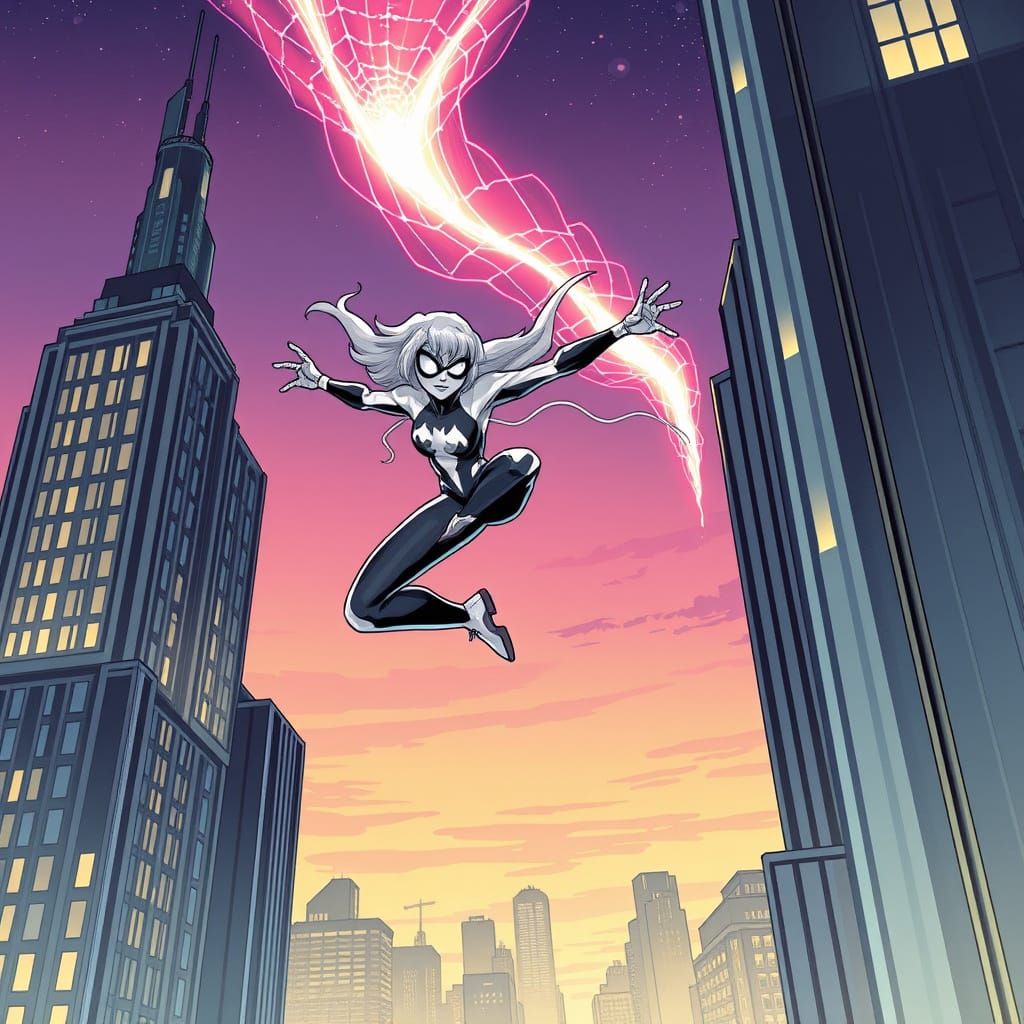 Ghost-Spider Leaps Between Futuristic City Buildings in Comi...