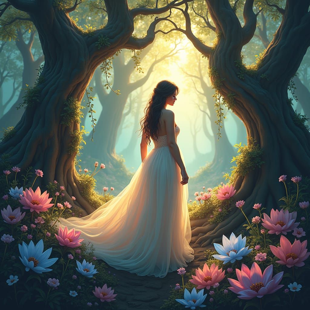 Mystical Heroine in a Vibrant Forest, Matte Painting