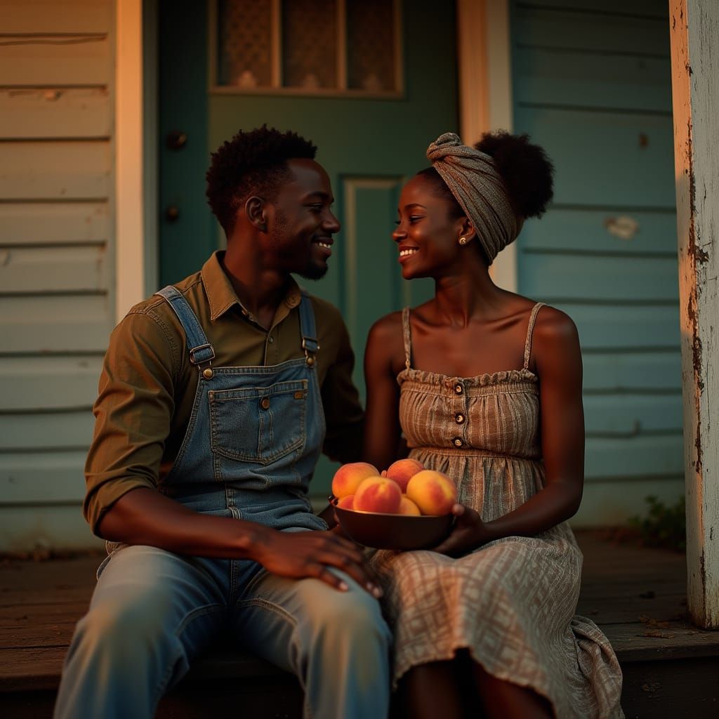 Young Black Couple Embraces Intimacy on Weathered Porch at D...