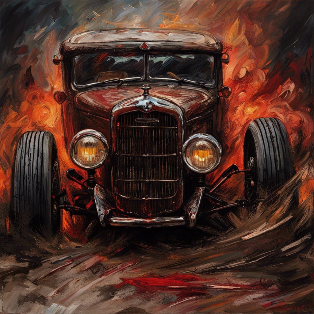 Disturbing Gothic Devil's Hot Rod Portrait as Impasto Painti...