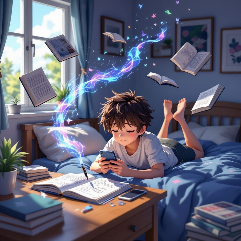 Magical Homework Scene with Flying Books