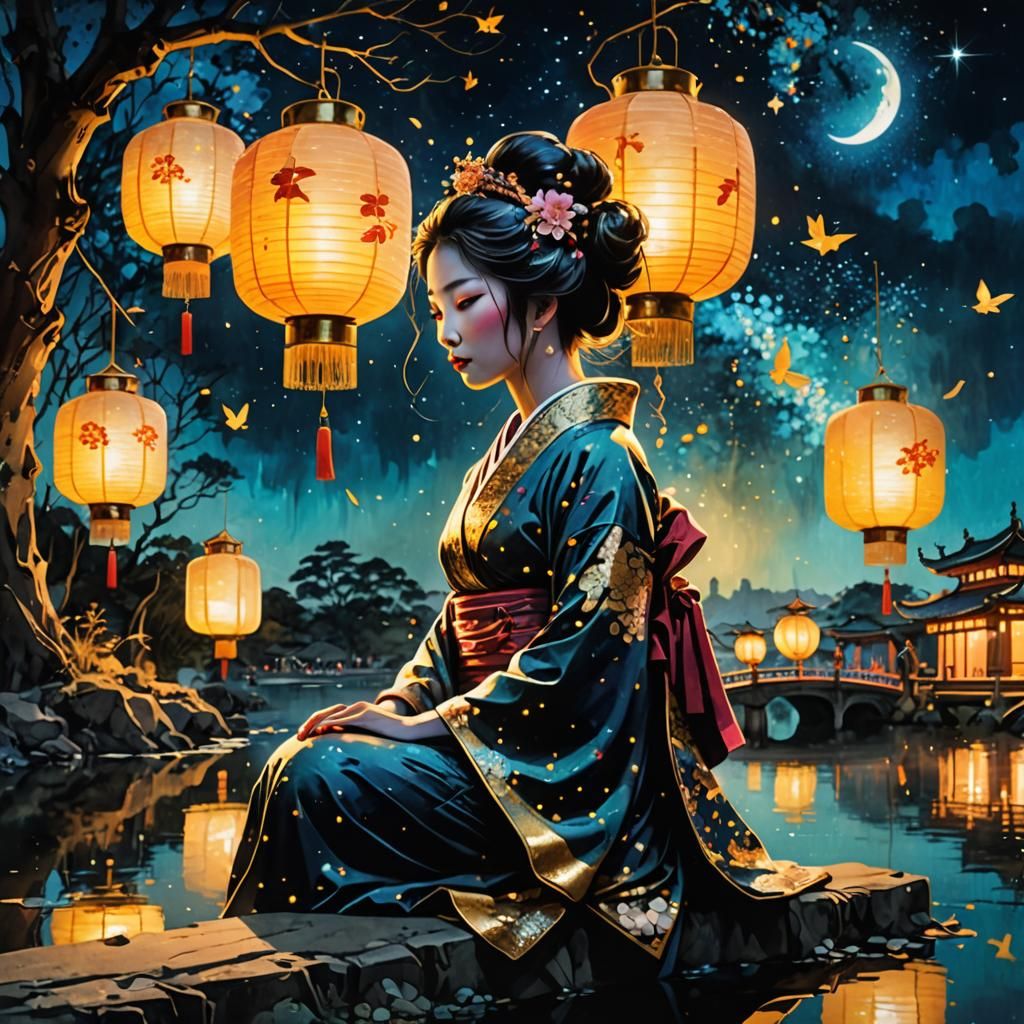 Geisha at Lantern Festival Silhouette in Anime Style