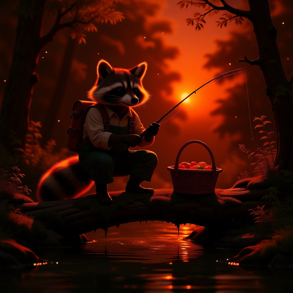 Humanoid Raccoon Fishing in Forest River Splash Art