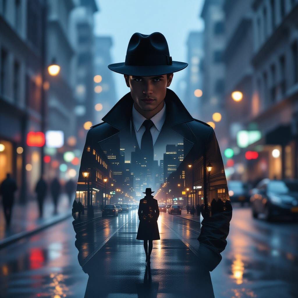 Noir Detective in Rainy Cityscape: Double Exposure
